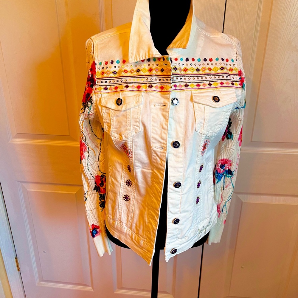 Desigual Cream and Pink Jean Jacket with Vibrant Embroidery